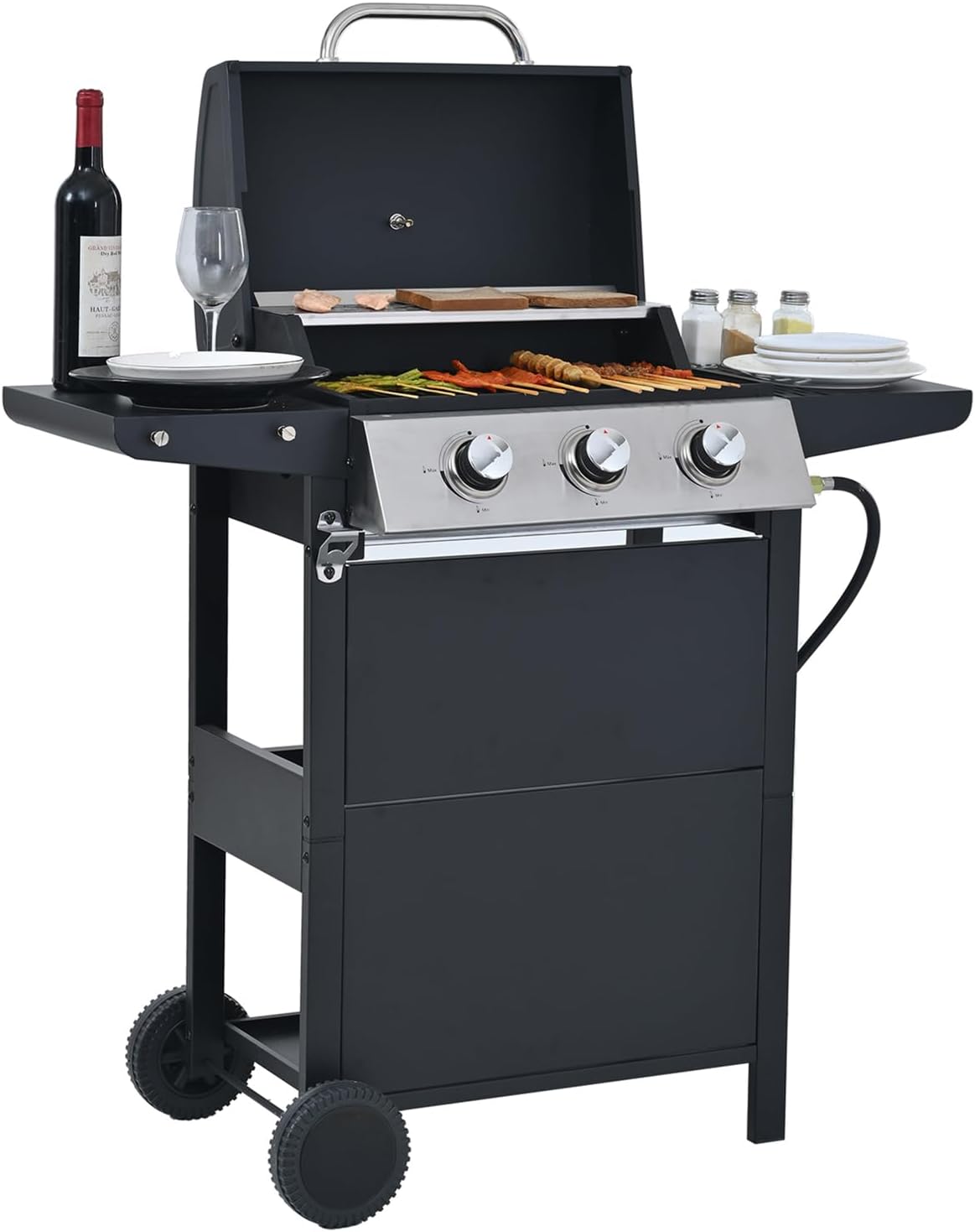 Endark 3-burner propane gas grill | 26,000 BTU stainless steel with enamel wire cooking grates and built-in thermometer | with side rack wheels | great for patio, garden, and outdoor cooking
