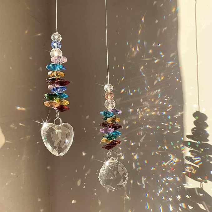 H&D HYALINE & DORA Hanging Crystal Suncatcher Rainbow Maker with Heart Prism Pendant and Crystal Prism Ball and Chakra Colored Beads,for Window Decor,Pack of 2