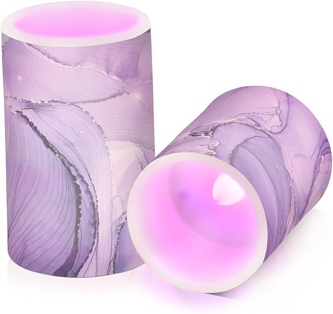 Flickering Flameless Candles, Purple Marble Lavender Liquid LED Candles with Remote Timer, Set of 2 Battery Operated Candle for Valentine Wedding Birthday