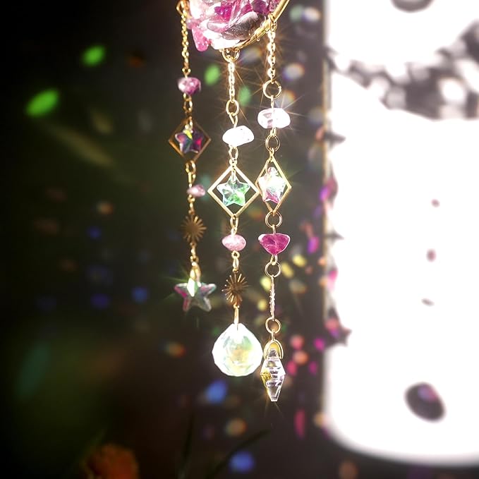 Amethyst Crystals Suncatcher - Hanging Moon Sun Catcher with Glass Prisms for Windows, Healing Amethyst Crystal Decor for Home, Gift for Christmas Birthday Valentine Mothers Day