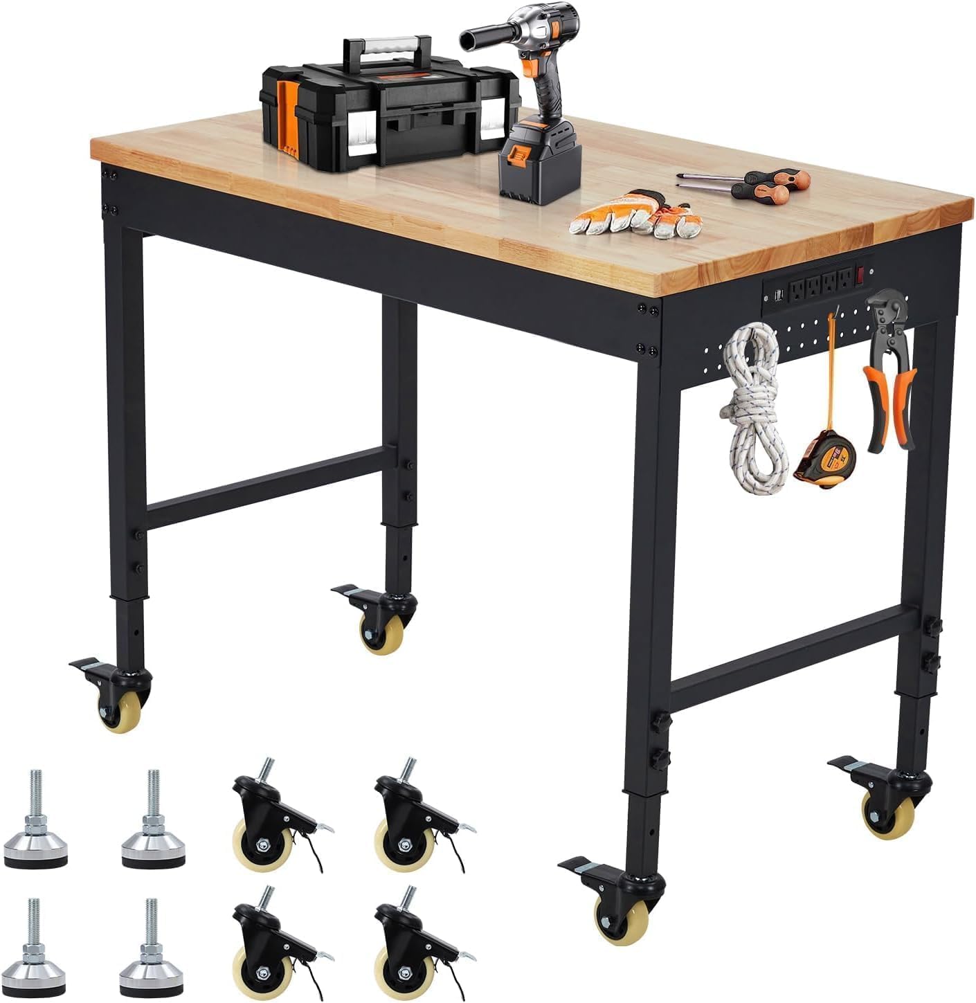 48x24 Inch Garage Workbench with Wheels, Adjustable Rubber Wood Top Garage Workbench with Power Outlet, 2000 Lbs Load Capacity for Workshop, Woodworking, Office