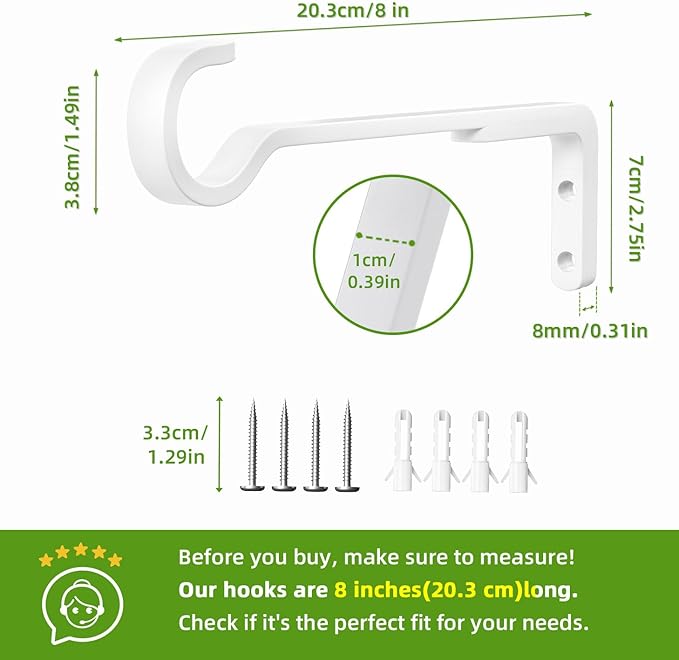 8 Inch 2 Pack White Heavy Duty Outdoor Plant Hangers for Hanging Baskets, Iron Hanging Plant Brackets for Hanging Plants Outside, Metal Plant Hooks Plant Wall Hooks for Hanging Lantern, Bird Feeder