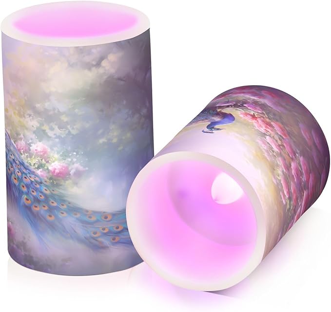 Flickering Flameless Candles, Peacock Flowers LED Candles with Remote Timer, Set of 2 Battery Operated Candle for Valentine Wedding Birthday