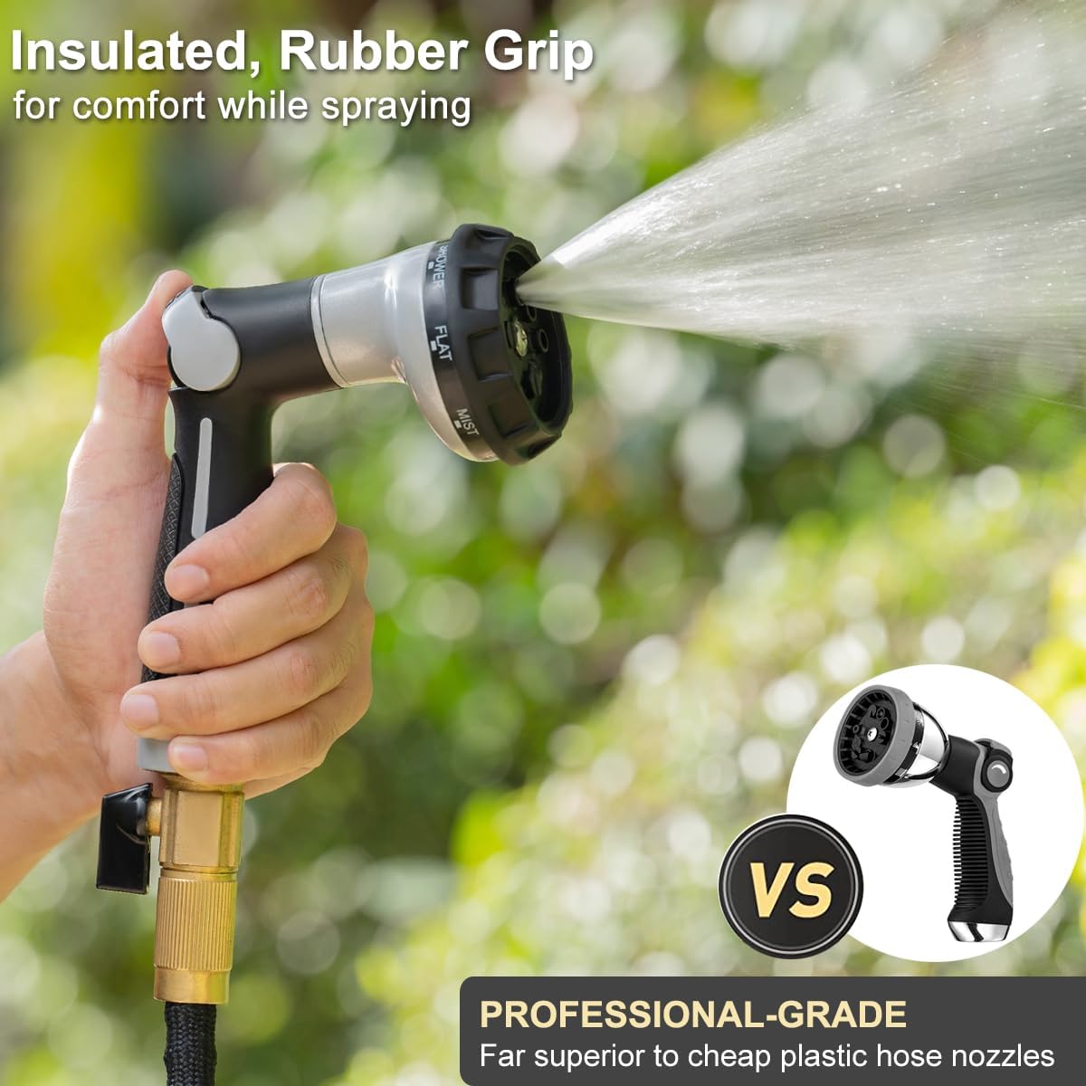 FANHAO Garden Hose Nozzle Heavy Duty, 100% Metal Water Hose Sprayer with 8 Spray Patterns, High Pressure Spray Nozzle Thumb Control On Off Valve for Lawn & Plant Watering, Car & Pet Washing - Silver