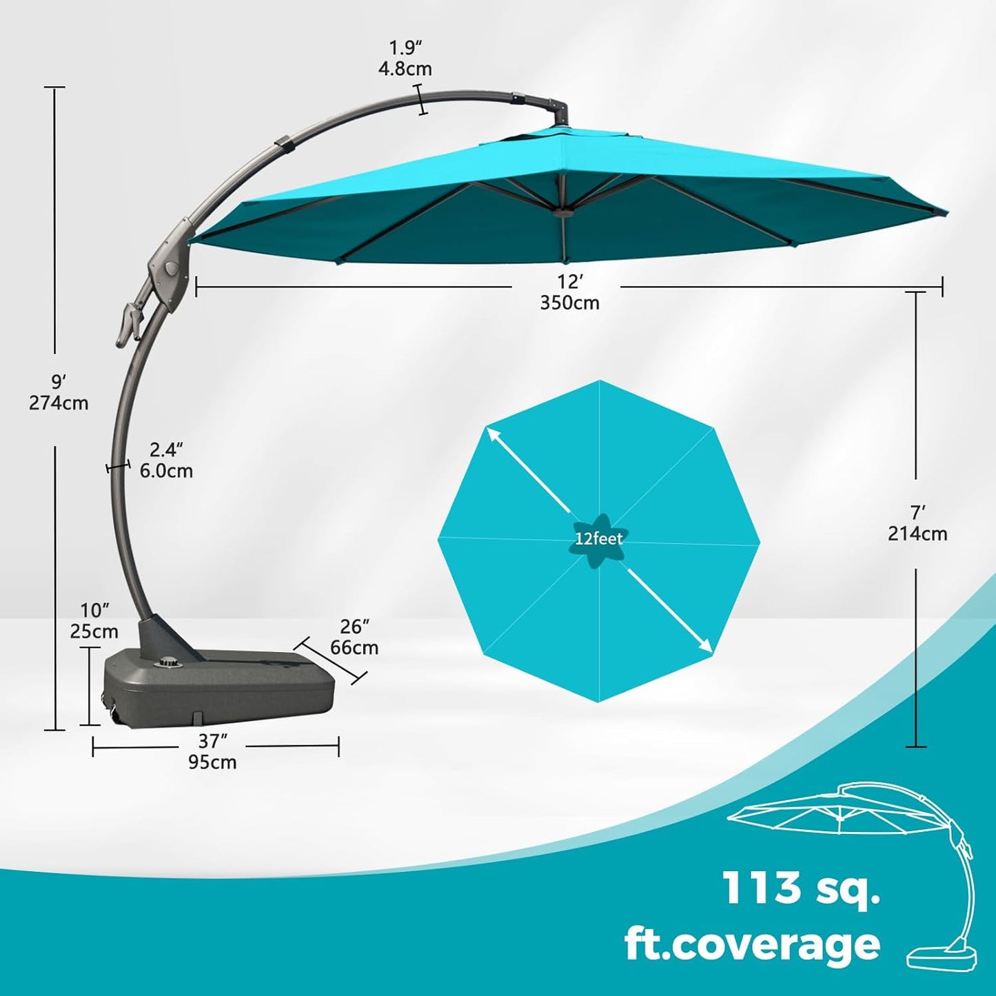 Grand patio 12 FT Sunbrella Cantilever Umbrella with Base Outdoor Aluminum Offset Umbrella with Tilt Adjustment (Aruba, 12 FT-SUNBRELLA)