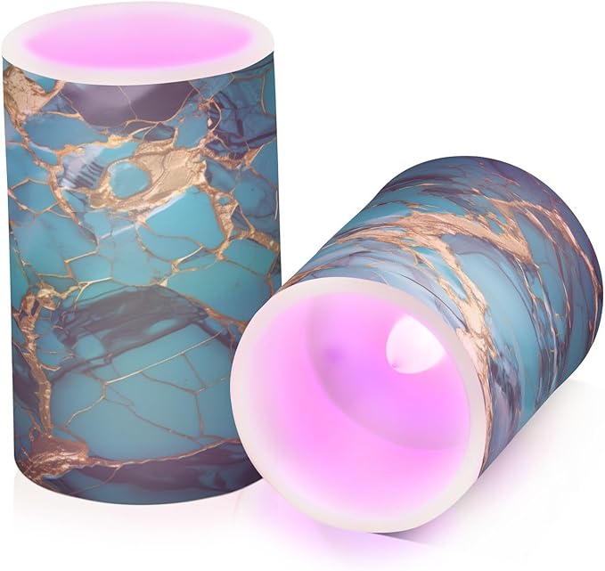 Flickering Flameless Candles, Turquoise Golden Marble LED Candles with Remote Timer, Set of 2 Battery Operated Candle for Valentine Wedding Birthday