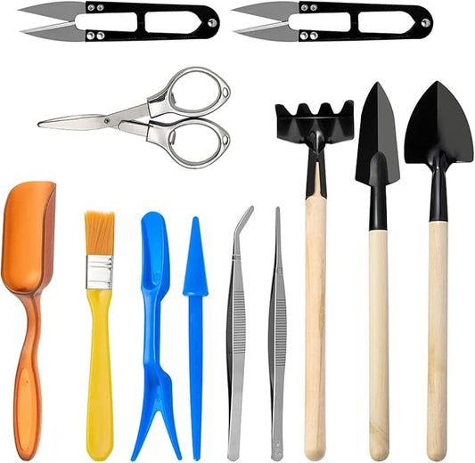 Andiker Mini Garden Tool Set, 12pcs Portable Gardening Hand Tools Set, Multiple Miniature Succulent Tools Set Easy to Carry for Seedlings, Bonsai, Succulents, Terrariums and Planting