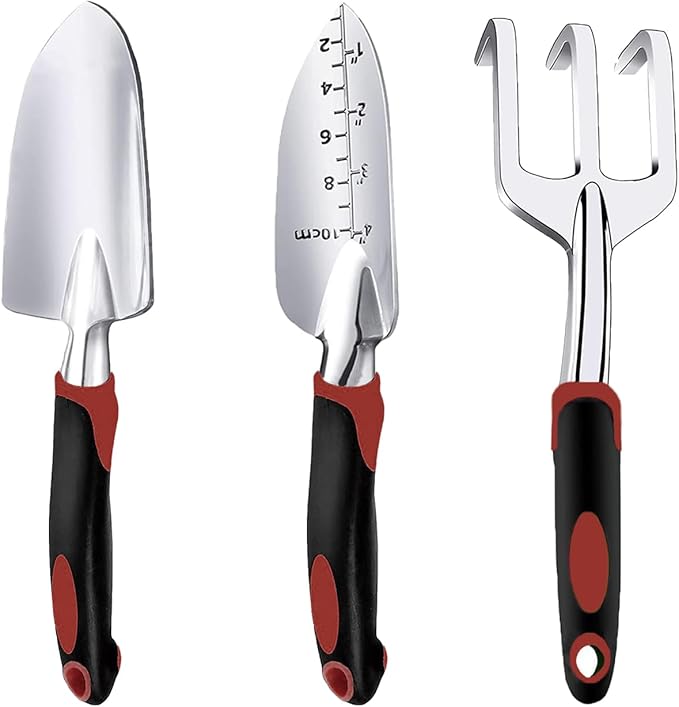 Garden Tool Set, 3 Piece Gardening Tools Includes Garden Trowel, Transplant Trowel and Hand Rake with Non-Slip Ergonomic Handle, Heavy Duty Garden Kit for Planting, Garden Gifts Red