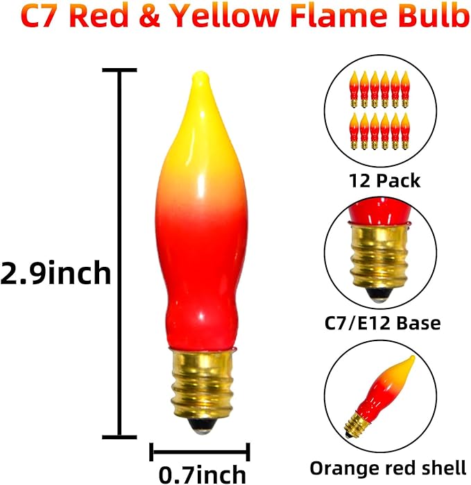 12 Pack C7 Replacement Bulbs E12 Candelabra Bulb - Red Yellow Incandescent Light Bulbs, Perfect as Halloween Christmas Light Bulbs, Candle Light Bulbs, 7 Watt, E12 Base