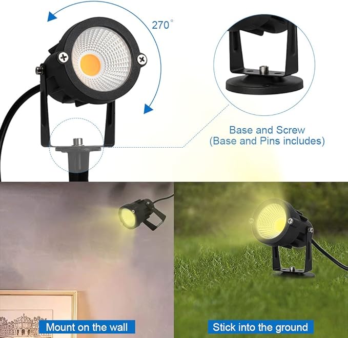 9W LED Landscape Lighting,LED Landscape Spotlight Outdoor for Flag Pole Light,Plug in Landscape Lights Warm White for Garden Decorative Lamp 6FT Cord US 3 Prong (Base,Stake Included) 2Pack