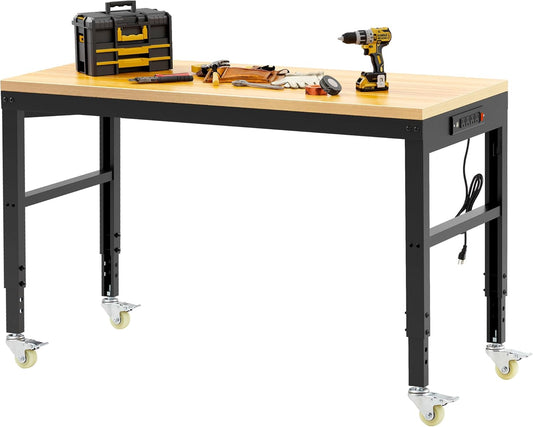 60” Adjustable Workbench，Heavy Duty Wood Work Bench 2000 Lbs Load Capacity,Work Table with Power Outlet and Wheels for Garage, Workshop, Office, Home