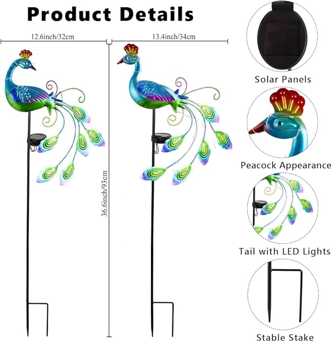 DREAMSOUL 2 Pack Peacock Solar Lights Outdoor Waterproof, Metal Outdoor Solar Lights for Yard Garden Peacock Decor
