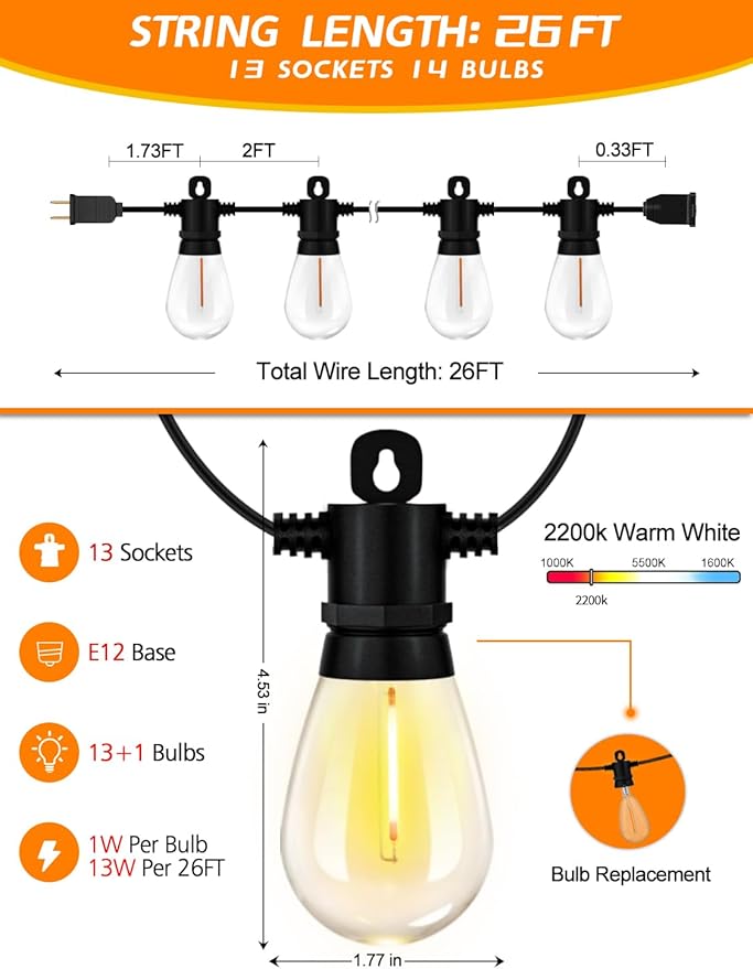 Achin 26FT LED Outdoor String Lights, Patio Lights Waterproof with 13+1 S14 Edison Shatterproof Bulbs, 2200K Dimmable Outside Hanging Lights, String Lights for Outside Backyard Bistro Market Pergola