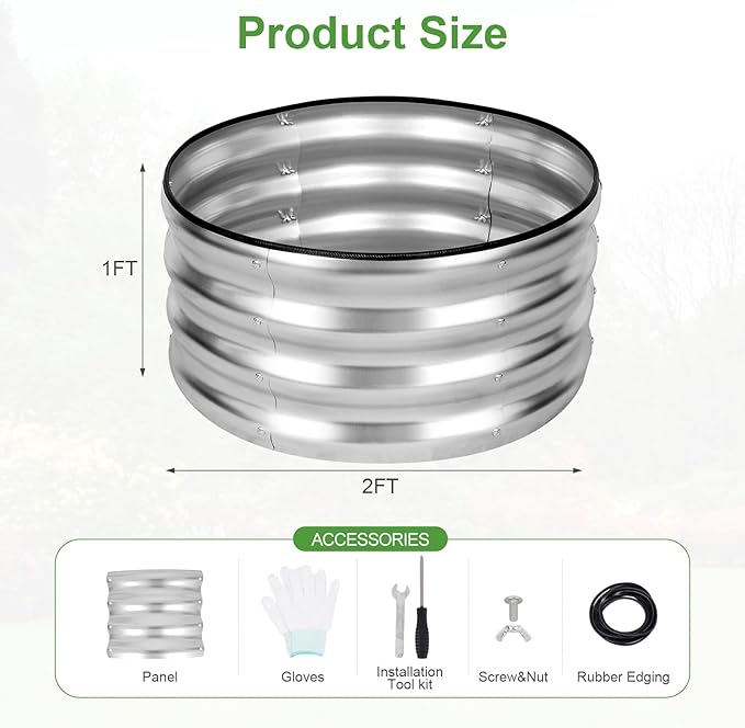 Galvanized Raised Garden Bed- 2Pcs 2x2x1FT Metal Planter Boxes Outdoor | Round Steel Raised Bed Kit & Fire Pit Ring for Gardening with Protective Tape, Gloves for Vegetables, Flower (Sliver)