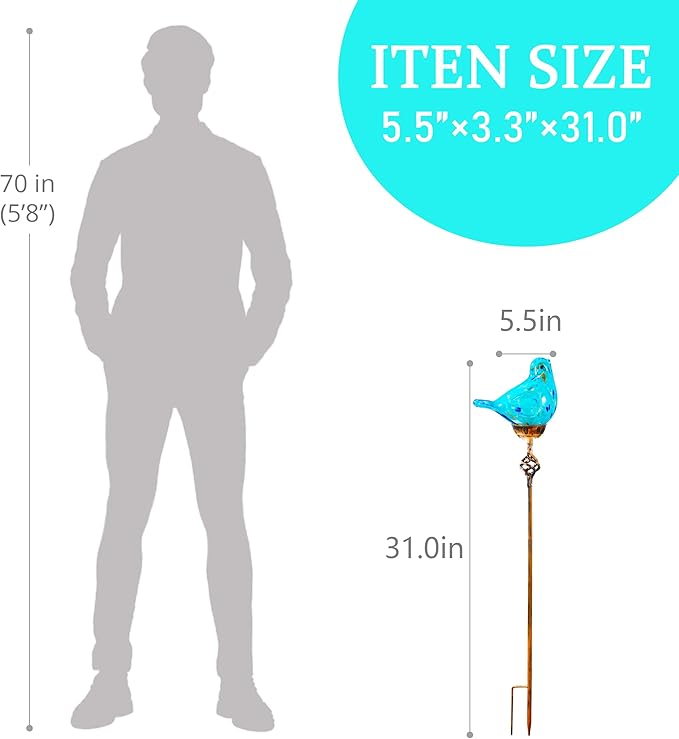 Decorative Solar Lights, Outdoor Solar Bird Stake Lights, Hand Blown Glass Decorative Garden Pathway Lights Outdoor Waterproof Glass Stakes (Light Blue)