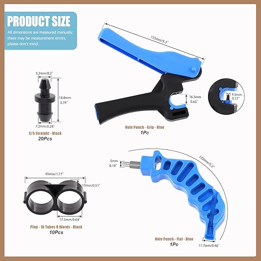 32Pcs Drip Irrigation Tubing Hole Punch Set, Drip Tube Hole Punch Fitting Insertion Tools, Drip Irrigation Plugs and Figure 8 End Cap Plug Irrigation Fittings for Garden Agricultural Watering