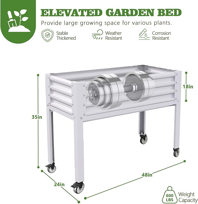 A ANLEOLIFE 2-Set Galvanized Raised Garden Bed with Legs,48x24x35in Large Elevated Planter Box on Wheels with Drainage Holes for Backyard, Balcony, Patio, 600lb Capacity, Antique White