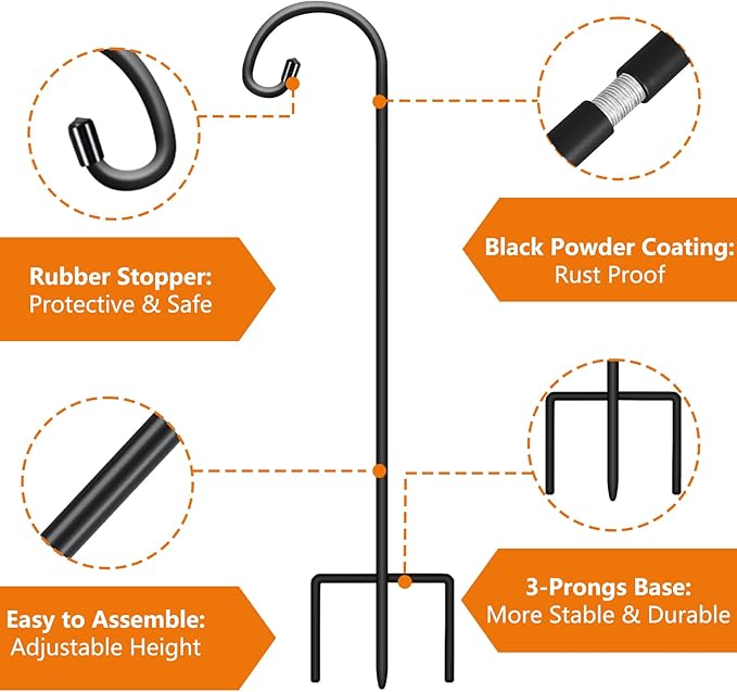 Gtongoko 48 Inch Shepherds Hooks for Outdoor 4 Pack Garden Hooks for Hanging Plants, Lanterns, Bird Feeders, Solar Lights, Mason Jars, Weddings Decor, Adjustable, Matte Black