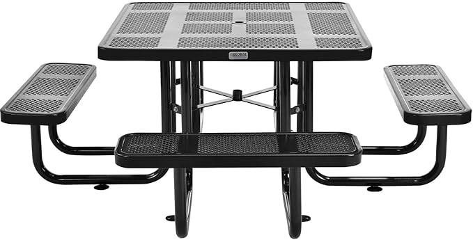 Global Industrial 46" Square Perforated Metal Outdoor Picnic Table, 81" W x 81" D Overall, Black
