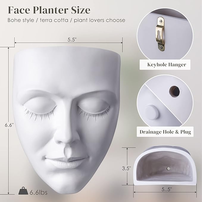 Head Planter Wall Mounted, 6.6 Inch Resin Face Wall Planter Wall Vase for Flower Plant Pot with Drainage Suitable for Home Decor Planter Gifts