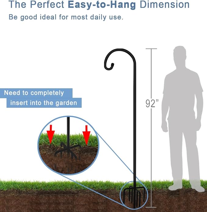 92 inch Outdoor Shepherd Hook with Upgraded 7 Prong Base (1 Pack), Adjustable Heavy Duty Garden Hanging Stake for Bird Feeder Solar Light Plant Hanger Wedding Decor, Matte Black
