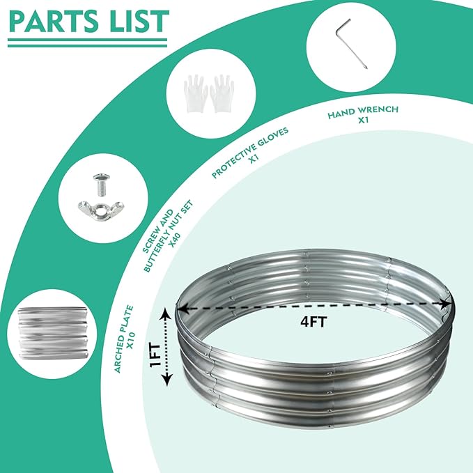48 Inch Diameter Silver Galvanized Garden Raised Bed/Plant Box/Fire Pit Ring-0.8mm Thick,12 Inch Tall,Crimped Edge and Corner,No Sharpe,Perfect for Plantings (4FT Diameter, Round)