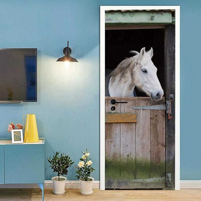 3D Door Stickers Murals - Horse Peel and Stick - Wallpaper Self-Adhesive Decals Removable PVC Waterproof Poster for Bedroom Living Room 34.6" x 78.7"