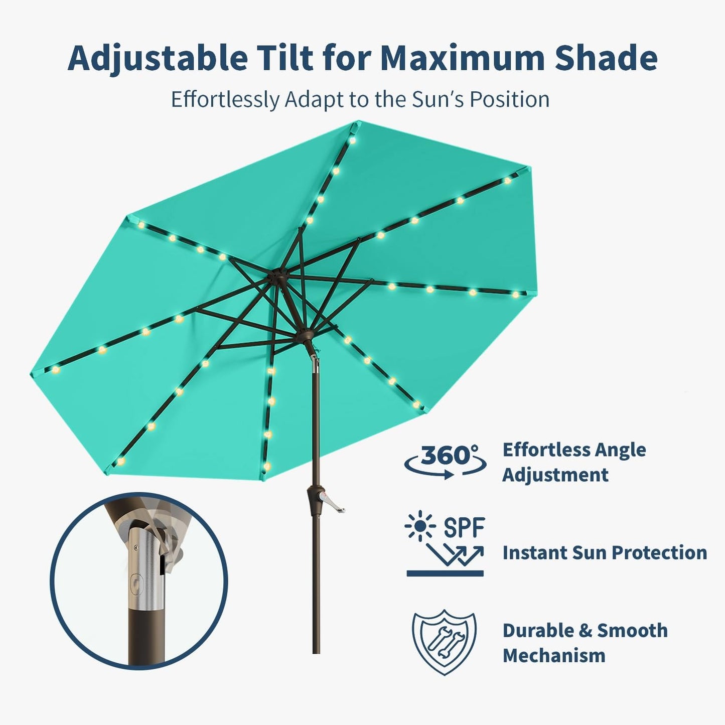 9FT Solar Umbrella 32 LED Lighted Patio Umbrella Table Market Umbrella w/Tilt and Crank, UV-Resistant Outdoor Umbrella for Pool, Garden, Deck, Turquoise Blue
