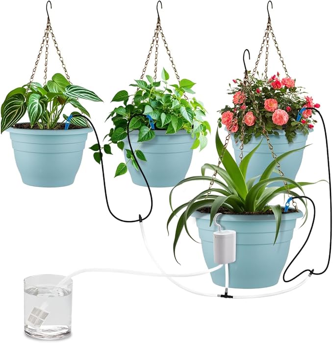 Hanging Planters 10 Inch, 4 Pcs Flower Pots Automatic Watering System Set, Self Watering Hanging Basket with Drainage Hole for Indoor Outdoor Plants, Decor, Blue