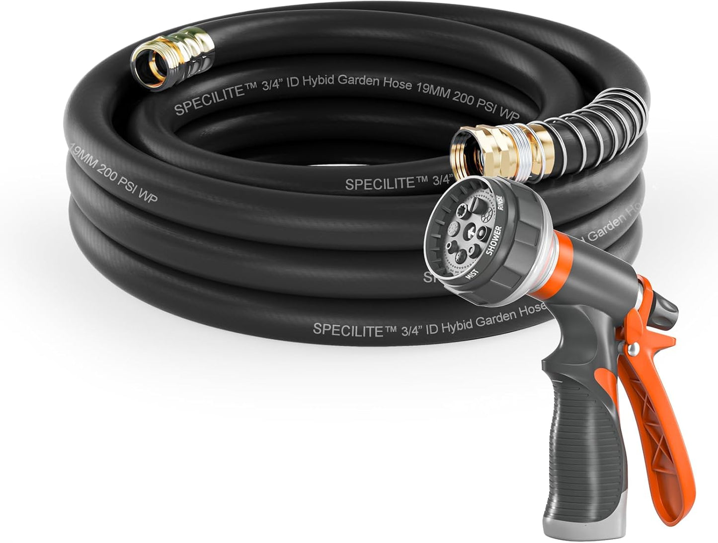 Garden Water Hose 25 ft x 3/4 in Heavy Duty, Flexible and Lightweight, Burst 600 psi, Kink-less Hybrid Rubber Pipe for Backyard, 3/4'' Brass Fittings, Black