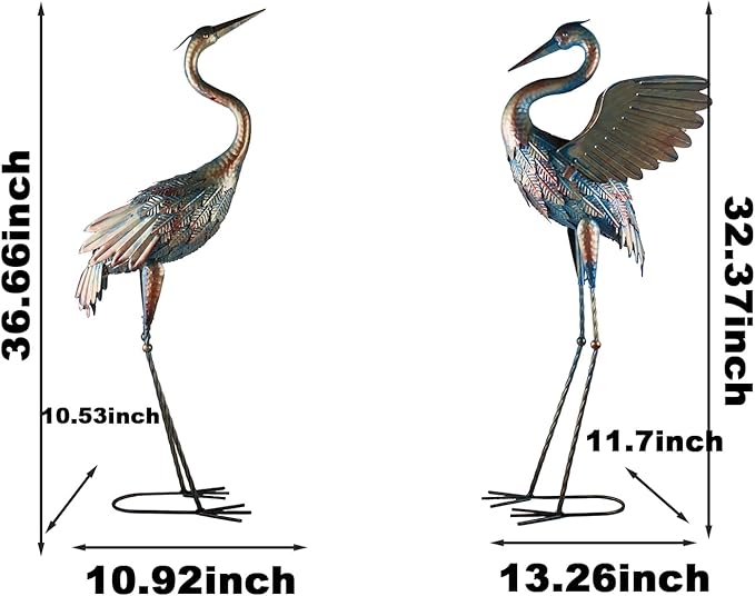Garden Cranes Statue Retro Animal Sculpture Standing Metal Crane Garden Decoration Metal Yard Art for Yard Outdoor Decoration Set of 2