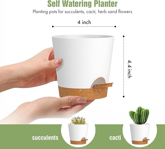 4 inch Self Watering Pots for Indoor Outdoor Plants, 6 Pack Plastic Flower Planters with Drainage Holes and Removable Saucers, Plant Pots with Wicking Rope, Modern Decor, White Brown