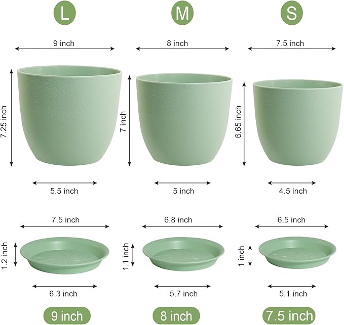Flower Pots 9/8/7.5 inch, Plant Pots for Indoor Outdoor Plants, Set of 3 Modern Decorative Plastic Planters with Drainage Holes and Saucers for Garden Porch House Plants, Green