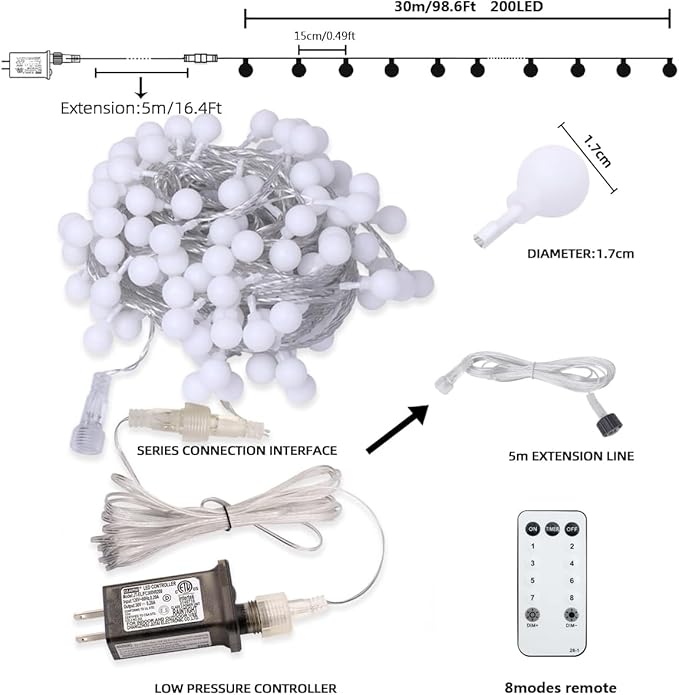 Globe String Lights,Multicolor 116 Feet 200 led 11 Lighting Modes Fairy String Lights with Remote,Waterproof Mini Globe Lights Decorn for Indoor Outdoor Party Wedding Christmas Tree Garden