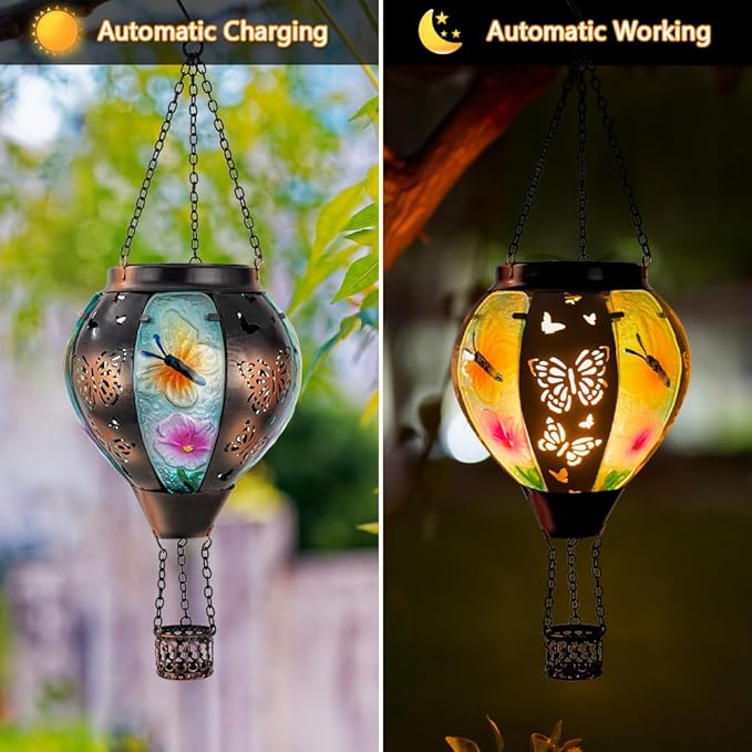 DREAMSOUL Butterfly Hot Air Balloon Solar Lantern, Glass & Metal Outdoor Lantern Hanging Solar Lanterns Outdoor Waterproof for Garden Patio Party