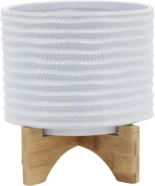 8" Ceramic Planter Stand, White with Wooden Base, Indoor/Outdoor Planter with Stand for Your Succulents and Small Plants, White Planter