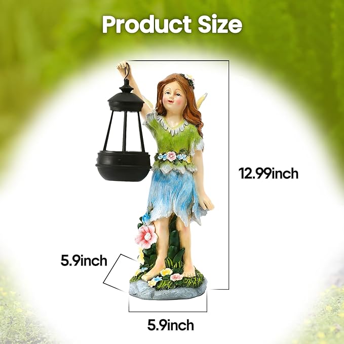 Fairy Garden Statue Solar Garden Fairy with Lantern Light Outdoor Garden Decoration Waterproof Solar Garden Sculpture for Patio Yard Lawn Gift for Mom Grandma
