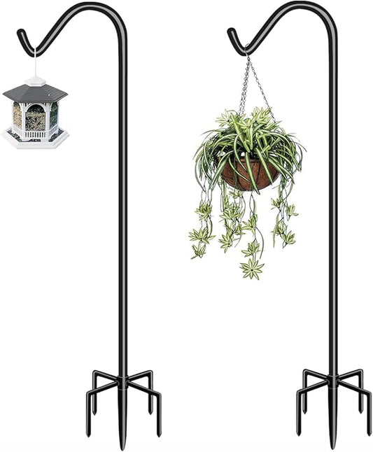 Garbuildman 76 Inch Tall Shepherd Hooks with 5-Forked Base, Adjustable Heavy Duty Bird Feeder Pole Stand Hanger for Outdoor, Shiny Black, 2 Pack