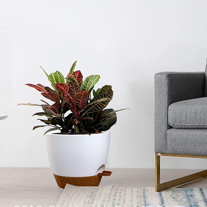 10/9/8 inch Self Watering Pots, Set of 3 Plastic Planters with Mesh Drainage Holes and Deep Reservoir for Indoor Outdoor Garden Plants and Flowers, White with Brown