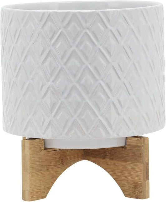 8" Ceramic Planter Stand, White Diamond Design with Wooden Base, Indoor/Outdoor Planter with Stand for Your Succulents and Small Plants