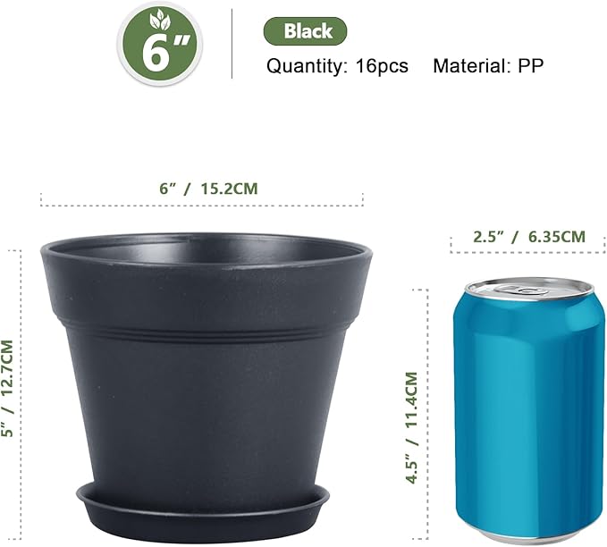6 inch Nursery Pots, Seedling Pots, 16 Pack Plant Pots for Indoor Outdoor Plants, Flower Pots with Drainage Holes and Saucers, Decorative Plastic Planters for Home Small Plants, Black