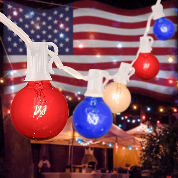 4th of July Decorations String Lights, 25Ft Outdoor Patio String Lights with 27 G40 Red White and Blue Light Bulbs(2 Spare), Multcicolor Christmas Lights for Patriotic Party Garden Festival Decor