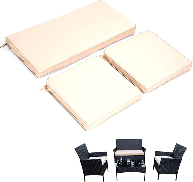 3-Pack Outdoor Patio Furniture Replacement Cushion Set–High-Elastic Sponge Cushions Fit 4-Piece Wicker Rattan Sofa, Loveseat & Chairs, 36x18x2 & 18x18x2, Waterproof, Fade-Resistant (Khaki)
