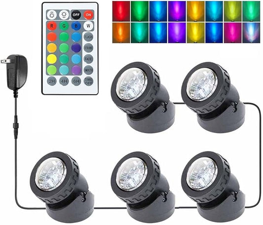 Fountain Lights with Timer, Underwater LED RGB Colored IP68 Waterproof Adjustable Submersible Pond Lights for Fish Pond Garden Lawn Yard Waterfall, 5 Lights in Set