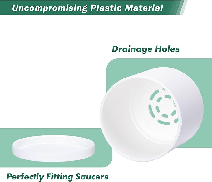 D'vine Dev 4 Pack 4.5 Inch Modern Plastic Plant Pots, Small Garden Planters for Plant with Drainage Holes and Saucers, White Color, 74-Z-F-2
