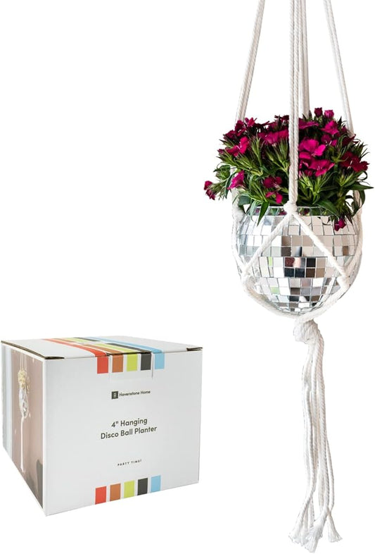 Hanging Disco Ball Planter 8" - with Acrylic Stand and Macrame Plant Hanger - Home Décor, Room Décor, Patio or Boho Décor, Mirror Disco Planter, Disco Decor (4" Mini with Base)
