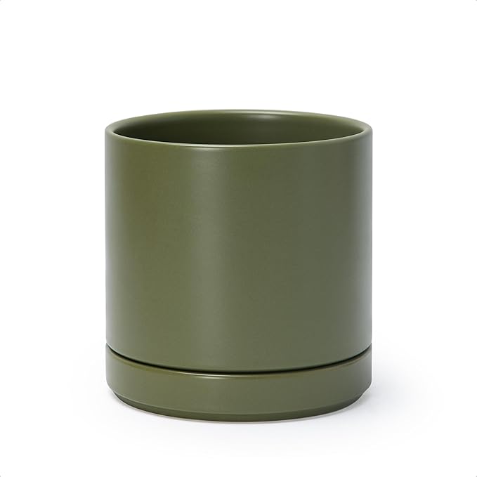 D'vine Dev 6 Inch Ceramic Planter Pot with Drainage Hole and Saucer, Indoor Cylinder Round Planter Pot, Olive, 94-O-C-J
