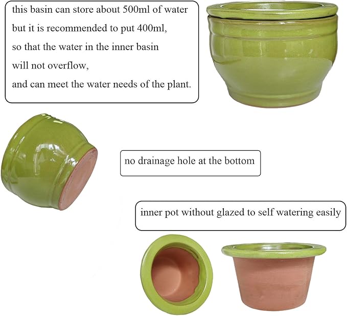 African Violet Pots Self Watering Round Ceramic Violet Pot (Green, 6 inch)