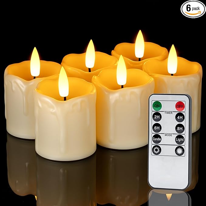 Homemory 2" x 2" Timer Remote Control Flickering Flameless Votive Candles, Realistic Battery Operated, 6Pack 3D Wick Electric Fake for Christmas, Wedding, Home Decorations