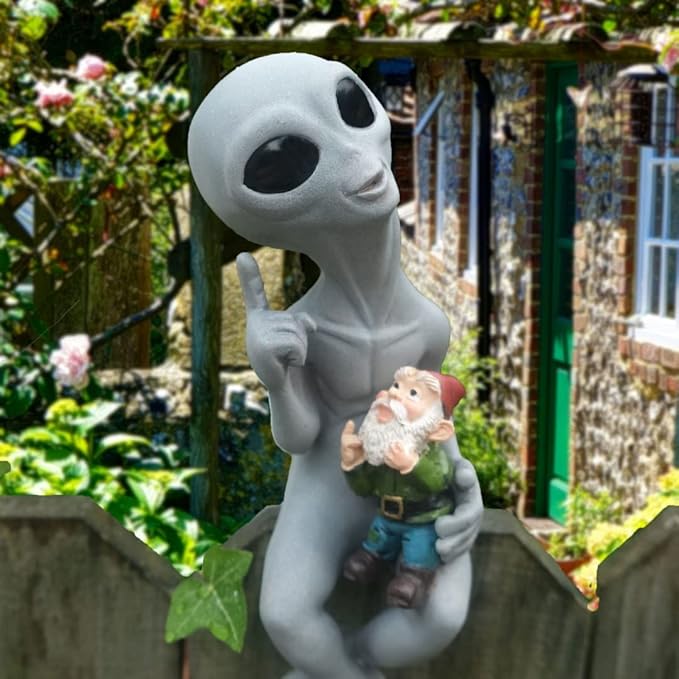 Andre' & Fritz Friendship “Origins” Alien and Gnome Garden Fence Sitter Statue | Poly-Resin 9" h x 3" w x 4" d Outdoor Décor (Origins - Fence Sitter)